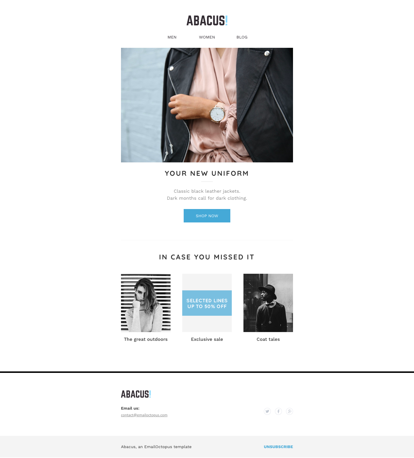 A website for Abacus clothing displays a black leather jacket, pink shirt, dark coat, and three images of models wearing the items, with contact information including email and phone number.
