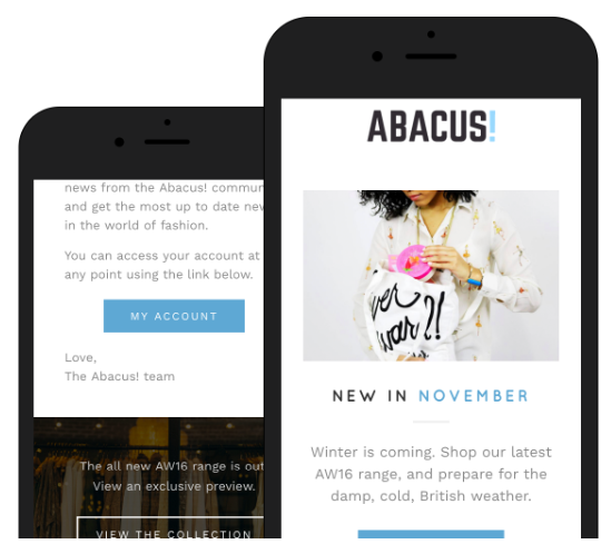Two smartphones display the Abacus brand website, featuring a white background, a black header with the brand name, a woman holding a sign reading “ever was I?”, and “NEW IN NOVEMBER”, and text about winter fashion.