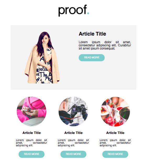 A webpage template displays a model in a beige coat against a light gray background, with three circular images labeled "Article Title" below, each accompanied by a "READ MORE" button.