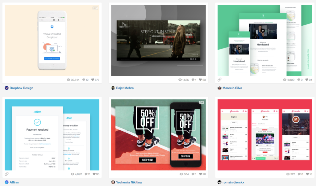 Six screenshots of website designs and marketing materials are displayed, showcasing various layouts and branding elements.