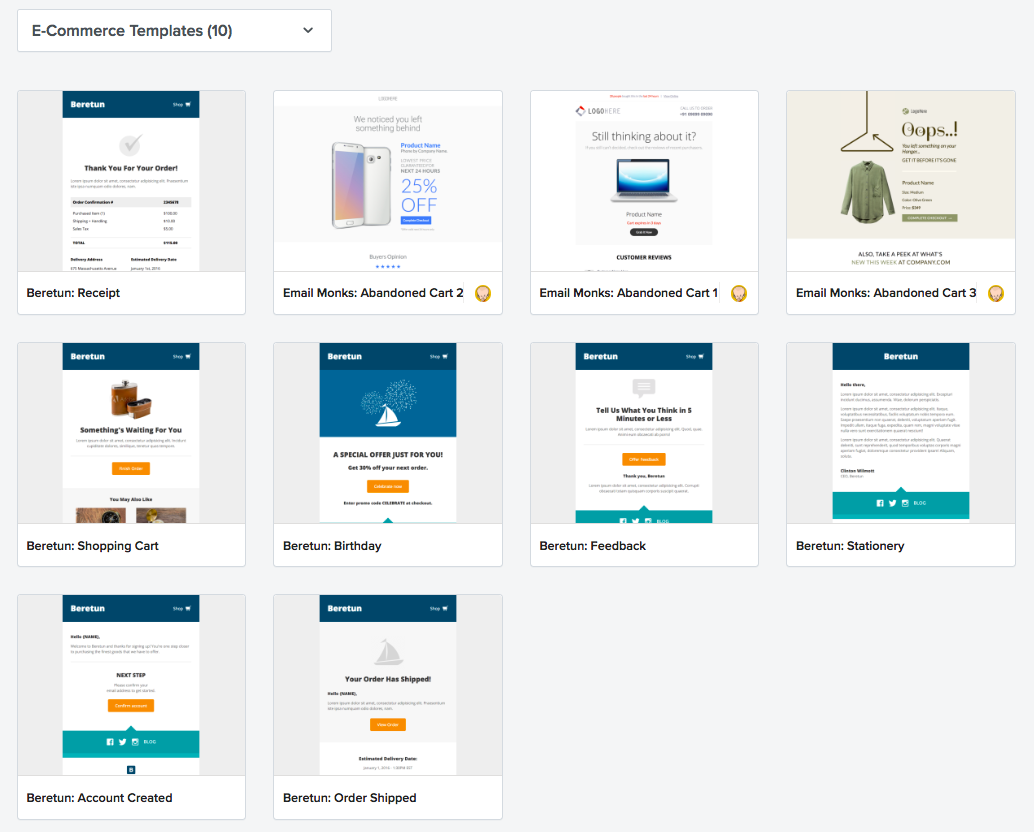 A grid of ten e-commerce templates displayed on light gray backgrounds, each labeled with a name and a product image.