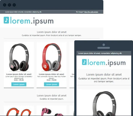 A website mockup displays three headphone images with placeholder text: “Lorem ipsum dolor sit amet” and “Curabitur at imperdiet ipsum.” A tablet screen shows the same placeholder text and a headphone image.