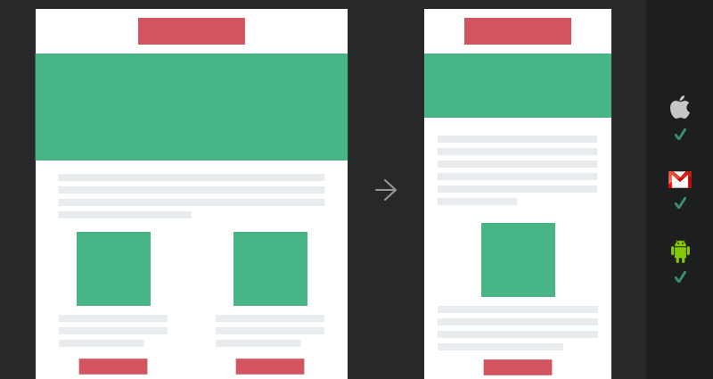 Two mobile screenshots show green and white layouts with red bars and text, separated by a rightward arrow.