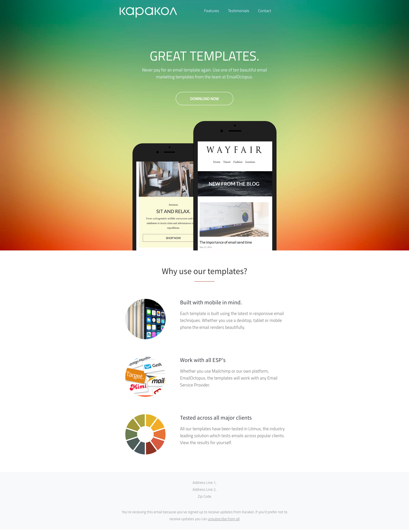 A webpage for KoKoKa templates features two smartphone displays displaying the brand’s logo and website, with text promoting the templates’ benefits: mobile-friendly design, responsive layouts, and ESP-friendly functionality, accompanied by a color palette and contact information.