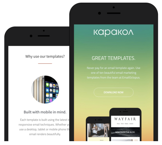 Two smartphones display the Kapakol website’s homepage, highlighting “GREAT TEMPLATES” and “DOWNLOAD NOW,” with text about responsive email templates and mobile-centric design.