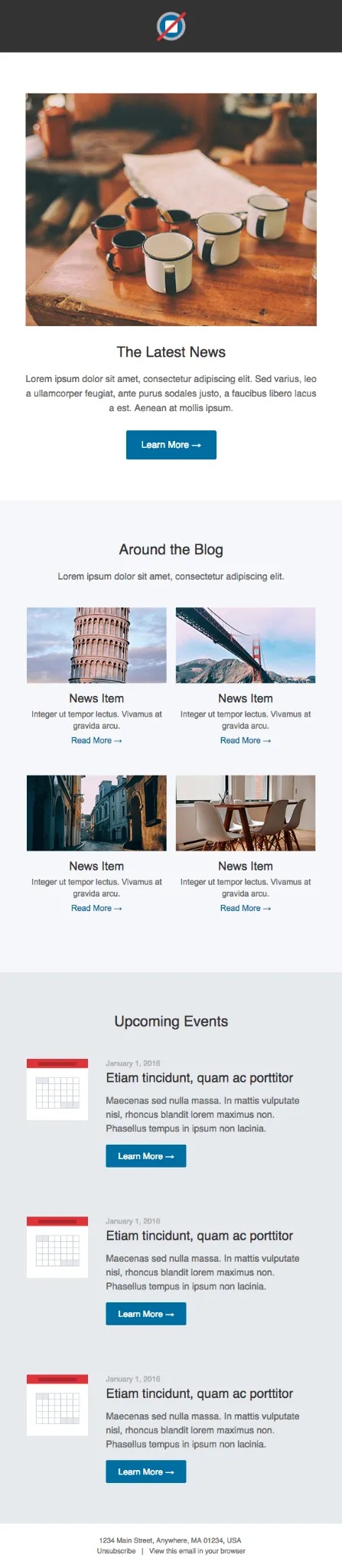 A webpage displays a clean, minimalist design with sections for "The Latest News," "Around the Blog," "Upcoming Events," and "Learn More," featuring images of coffee cups, news items, and event calendars.