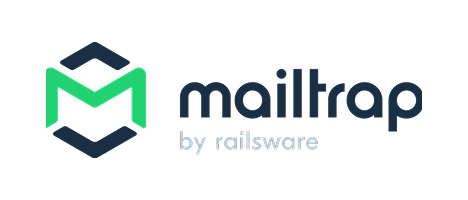 The Mailtrap logo features a green stylized "M" next to the name "mailtrap" in dark blue, with "by railsware" written below in light gray.