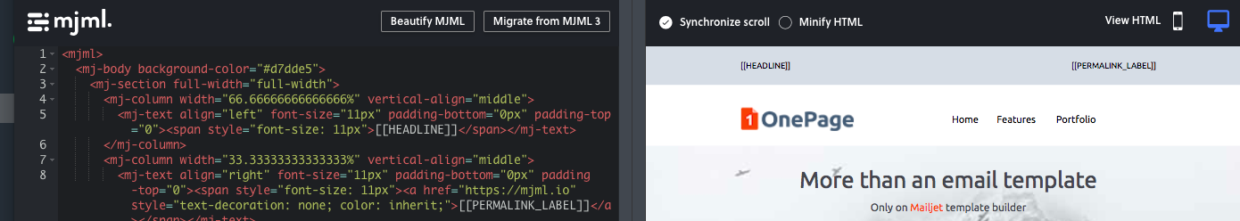 A code editor with red and green text and a OnePage website page displaying a headline and navigation.