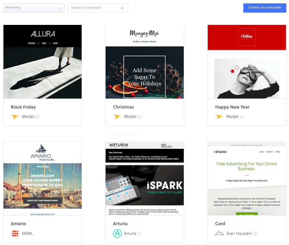 A grid of marketing templates including Allura, Manzeg-Moi, Black Friday, Christmas, Happy New Year, Amario, Arturia, Card, and Clothes, arranged in four rows.