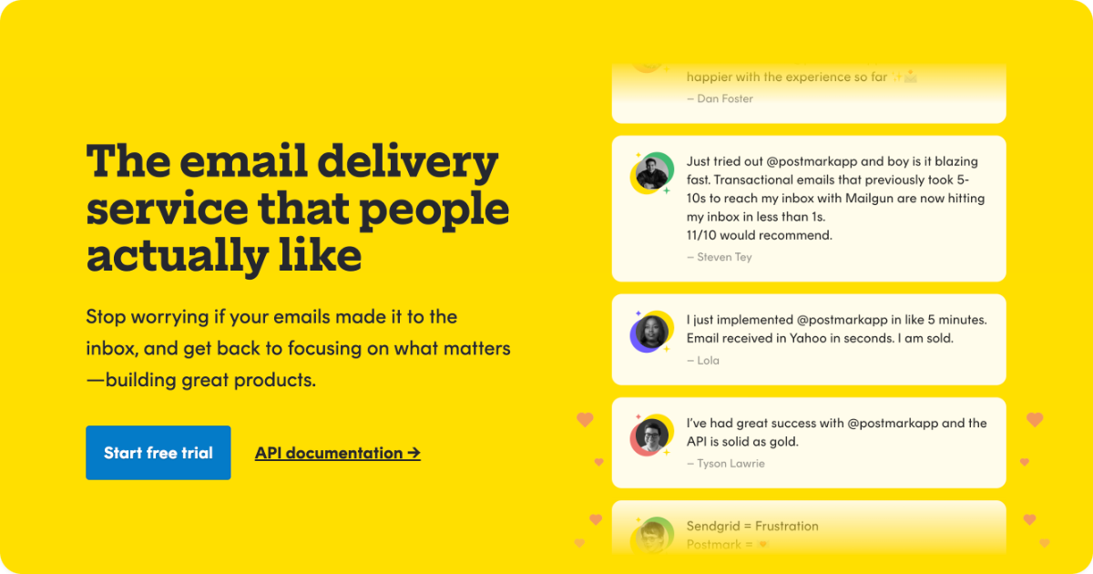 Postmark email delivery service homepage with bright yellow background featuring headline "The email delivery service that people actually like" alongside customer testimonial cards praising fast email delivery and reliable API performance.