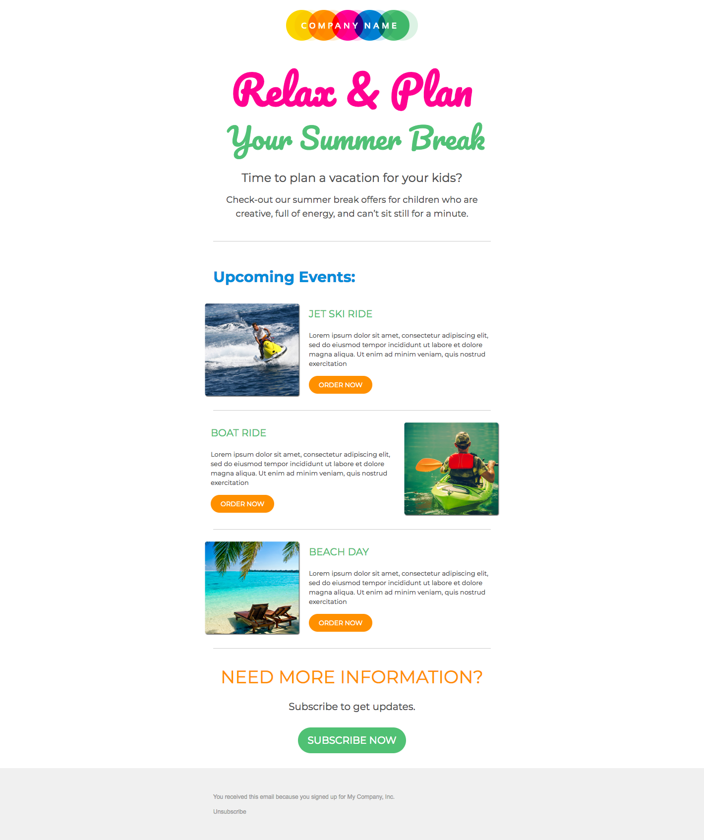 A webpage titled "Relax & Plan Your Summer Break" offers checklists for planning a vacation for creative, full-of-energy children, with upcoming events including jet ski, boat ride, and beach day.