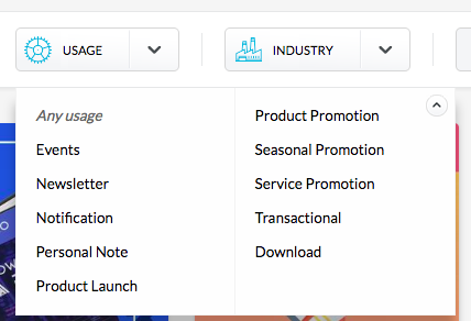 A screenshot displays a white sidebar labeled "Any usage" with options including "Product Promotion," "Seasonal Promotion," "Service Promotion," "Transactional," "Download," "Personal Note," and "Product Launch." Above are tabs labeled "USAGE" and "INDUSTRY," with a blue gear icon next to "USAGE" and a blue building icon next to "INDUSTRY."