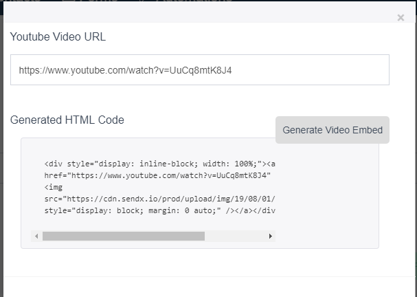 A web page displays a YouTube video URL and generated HTML code with embedded video, labeled “Generate Video Embed.”