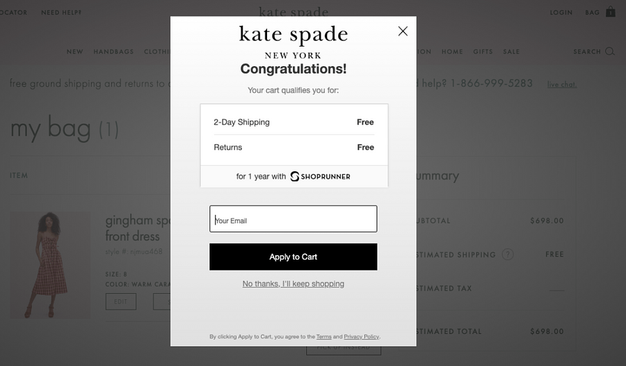 Kate Spade's signup form